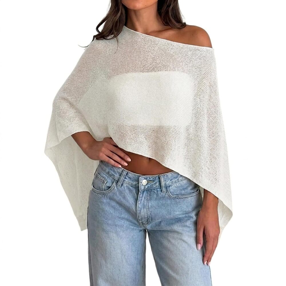 Womens Sheer Poncho Top Y2k Knitted Summer Asymmetrical Mesh Shawl Pullover